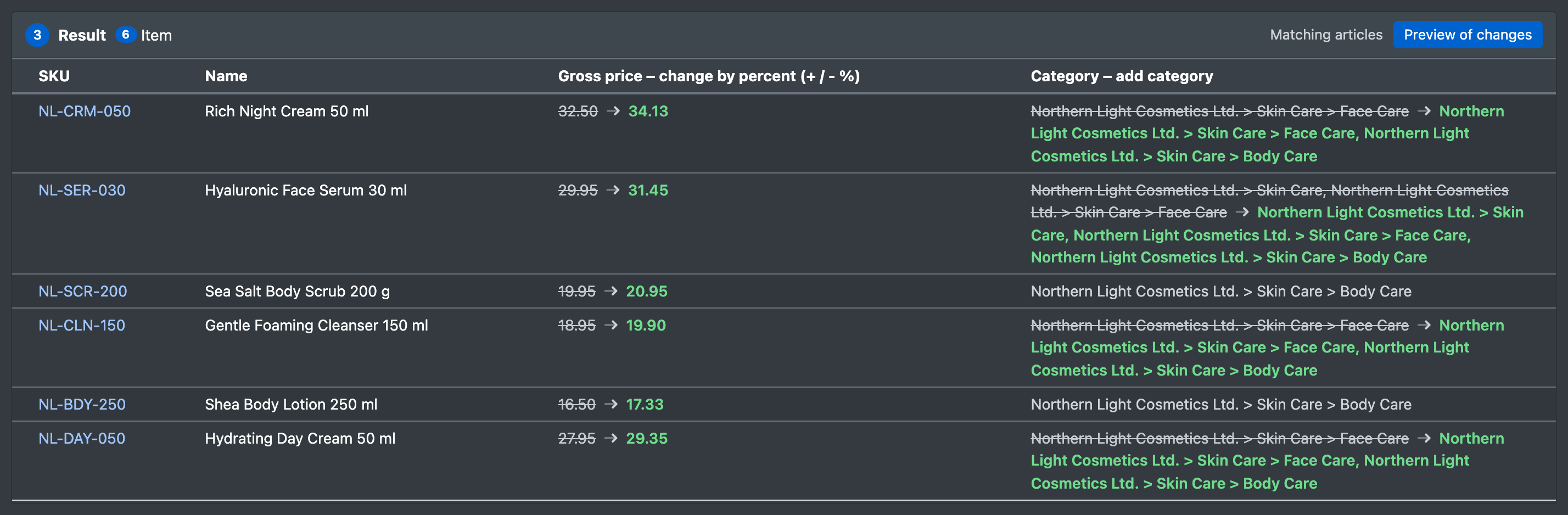 Screenshot: Preview of changes with old values struck through and new values in bold