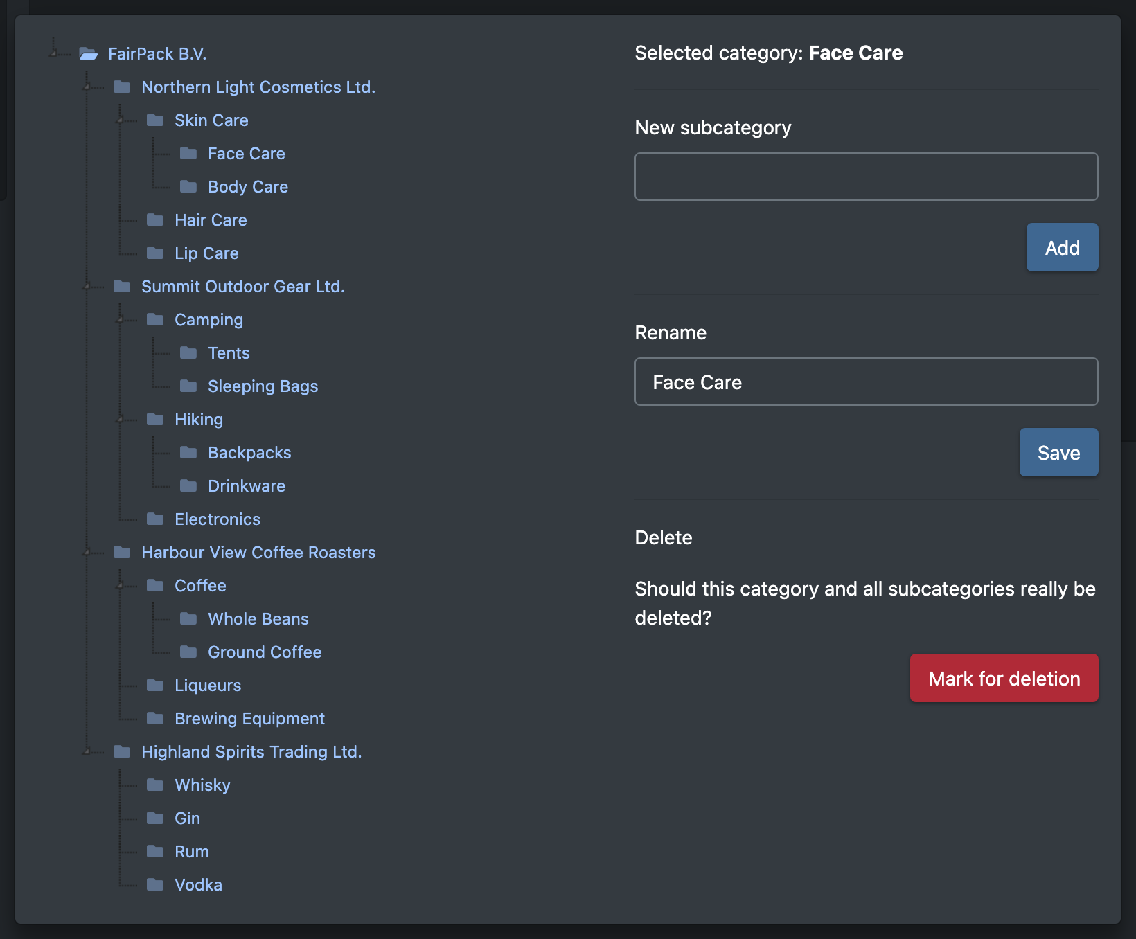 Screenshot: Dialog "Edit category tree" with the selected category, the fields for a new subcategory and for renaming