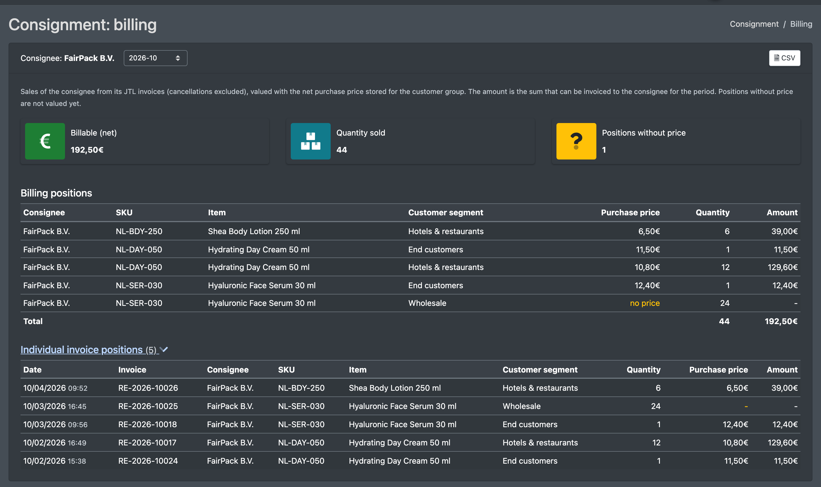 Screenshot: Page "Billing" with totals per article and customer group, one row expanded to show the individual invoice items, and the "Billable (net)" total