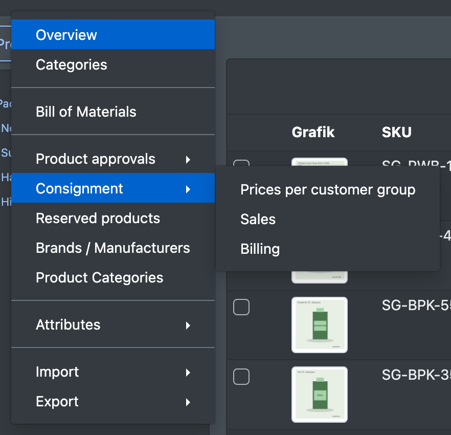 Screenshot: Menu "Catalogue › Consignment" opened with the three entries Prices per customer group, Sales and Billing