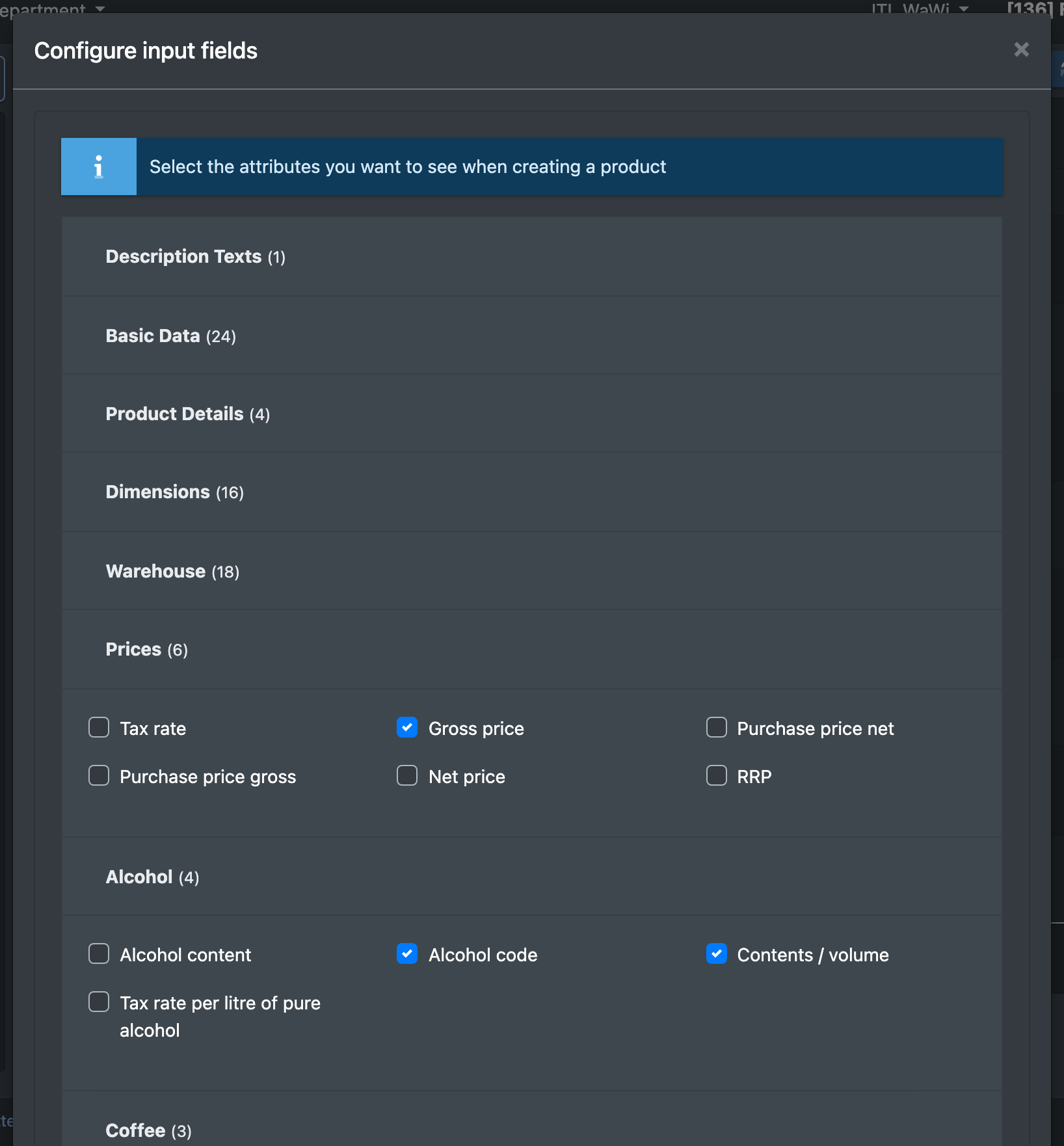 Screenshot: "Configure input fields" dialog with expanded attribute groups and ticked attributes