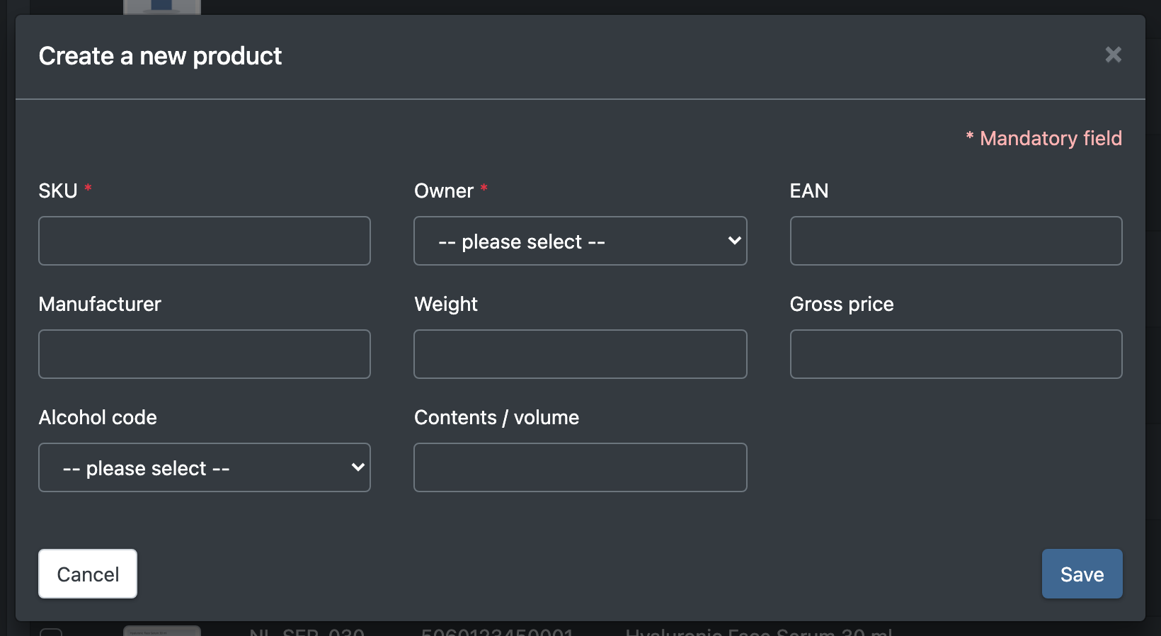 Screenshot: The "Create a new product" dialog with SKU, name and further fields
