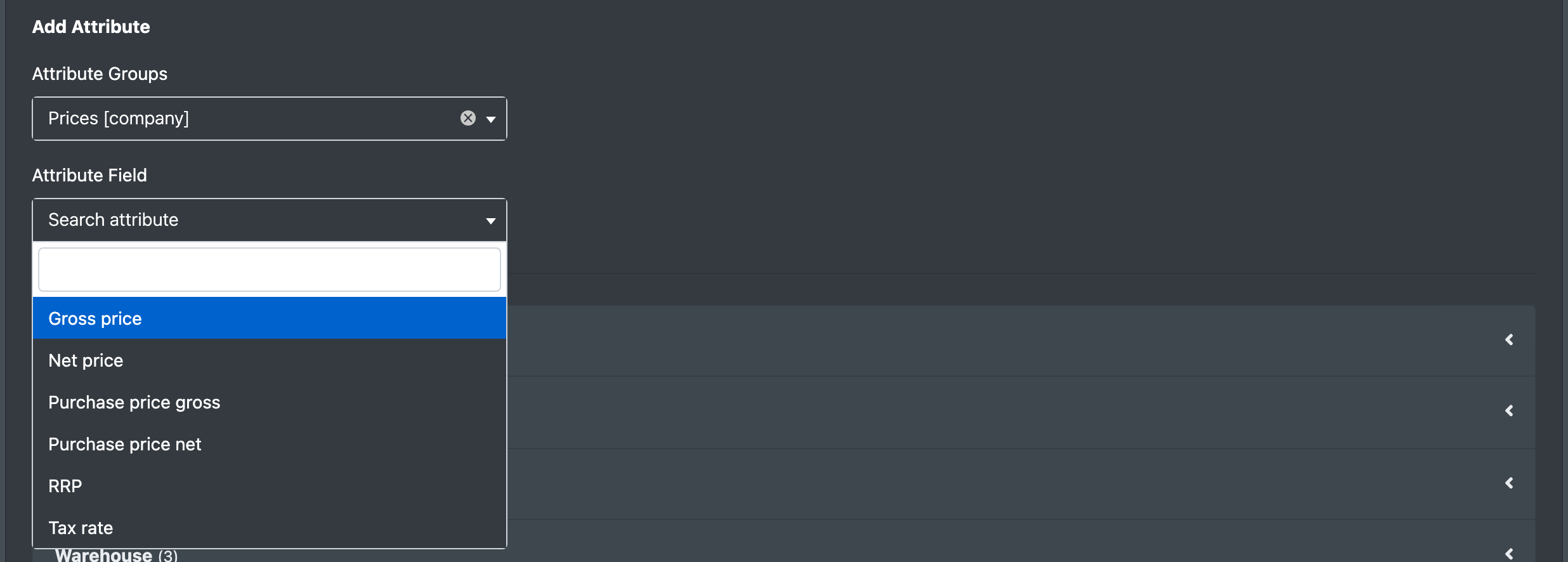 Screenshot: "Add Attribute" with the group selection and attribute field drop-down
