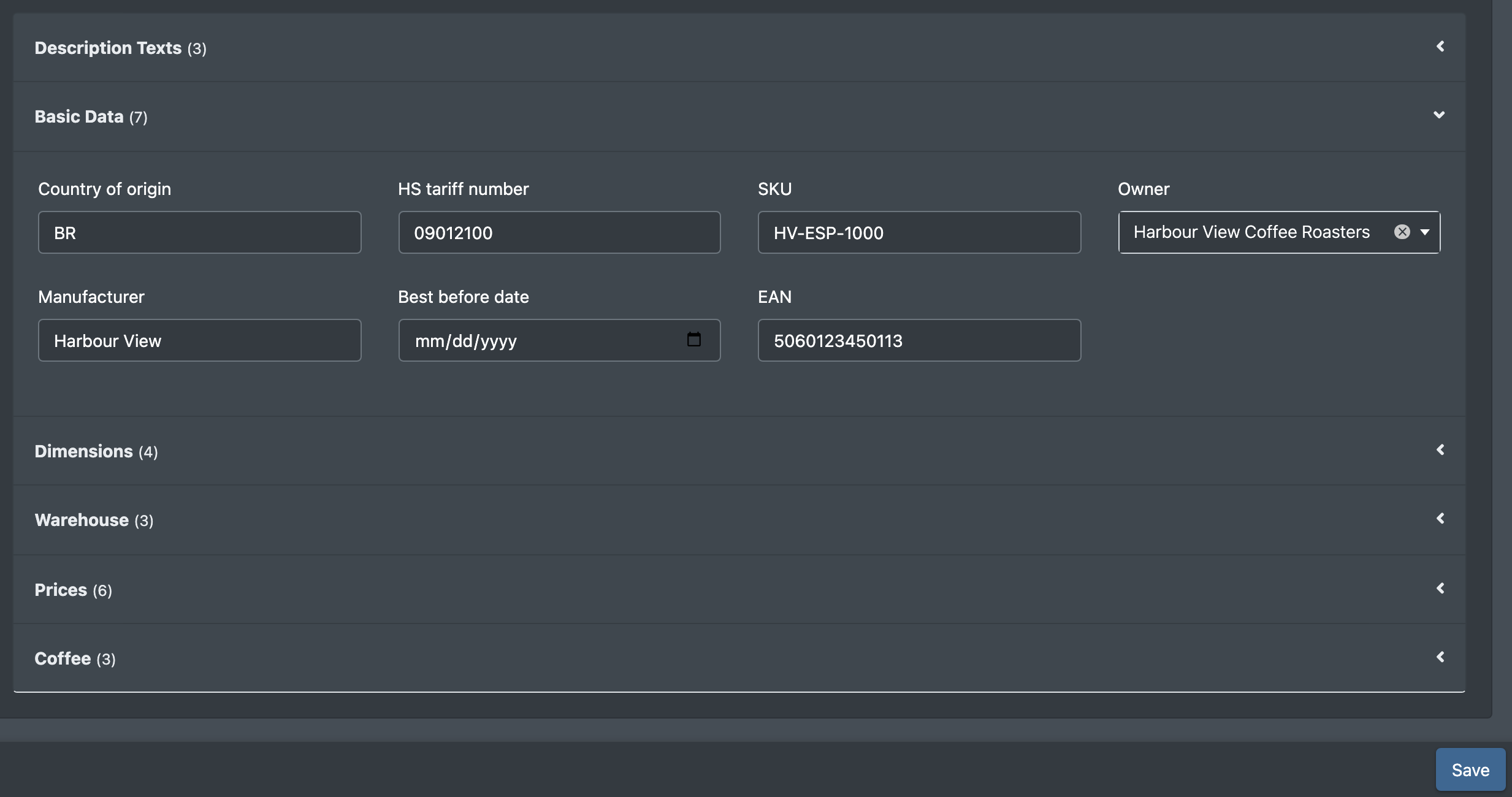 Screenshot: Attributes tab with several attribute groups and the Save button