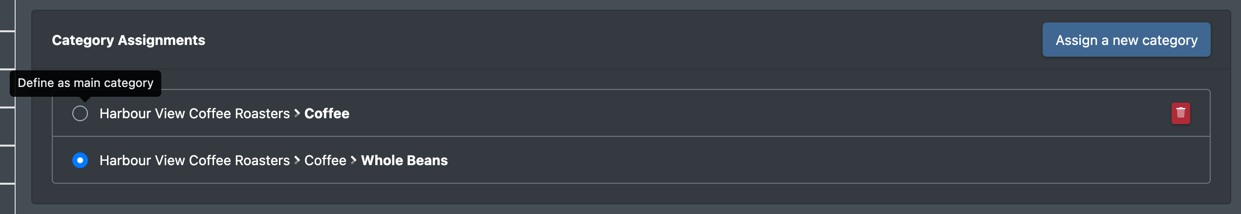 Screenshot: Categories tab with several category assignments and the "Define as main category" button