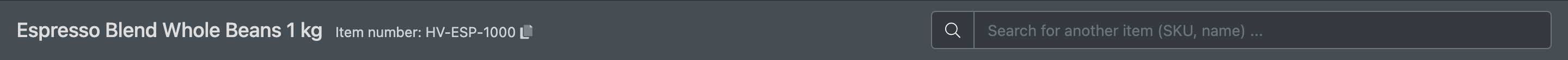 Screenshot: Header of the edit page with item number, copy symbol and the search field for another article