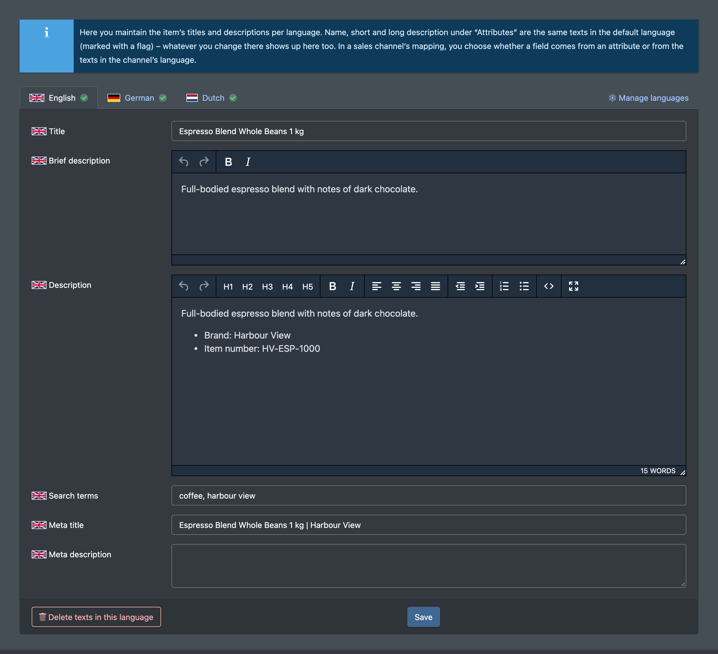 Screenshot: Languages tab with the language tabs, flag of the standard language and the text fields