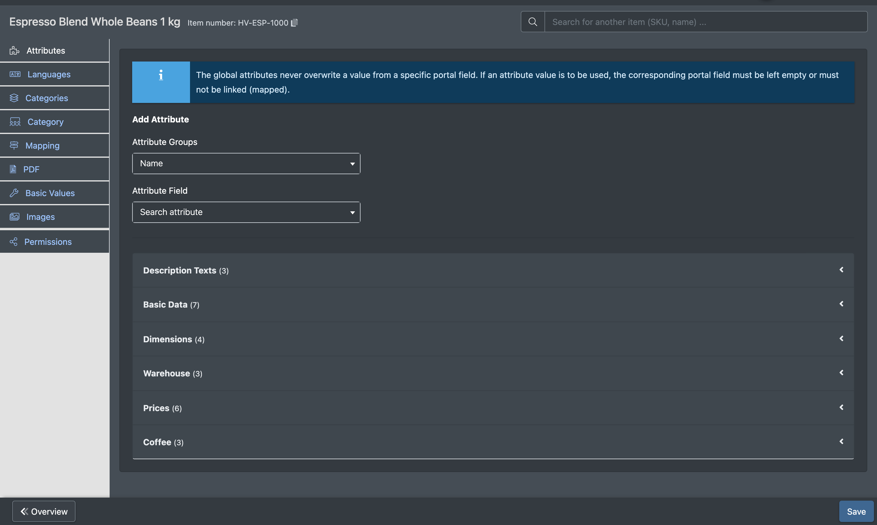 Screenshot: Edit page of an article with the vertical tabs on the left and the "Attributes" tab open