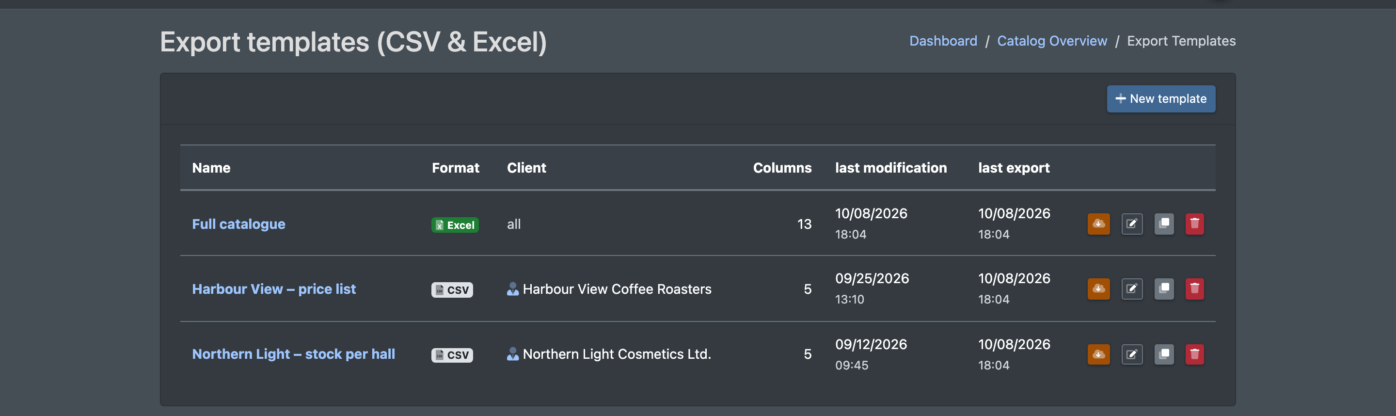 Screenshot: Overview "Export templates (CSV & Excel)" with name, format, client, number of columns, last modification, last export and the buttons to download, edit, duplicate and delete