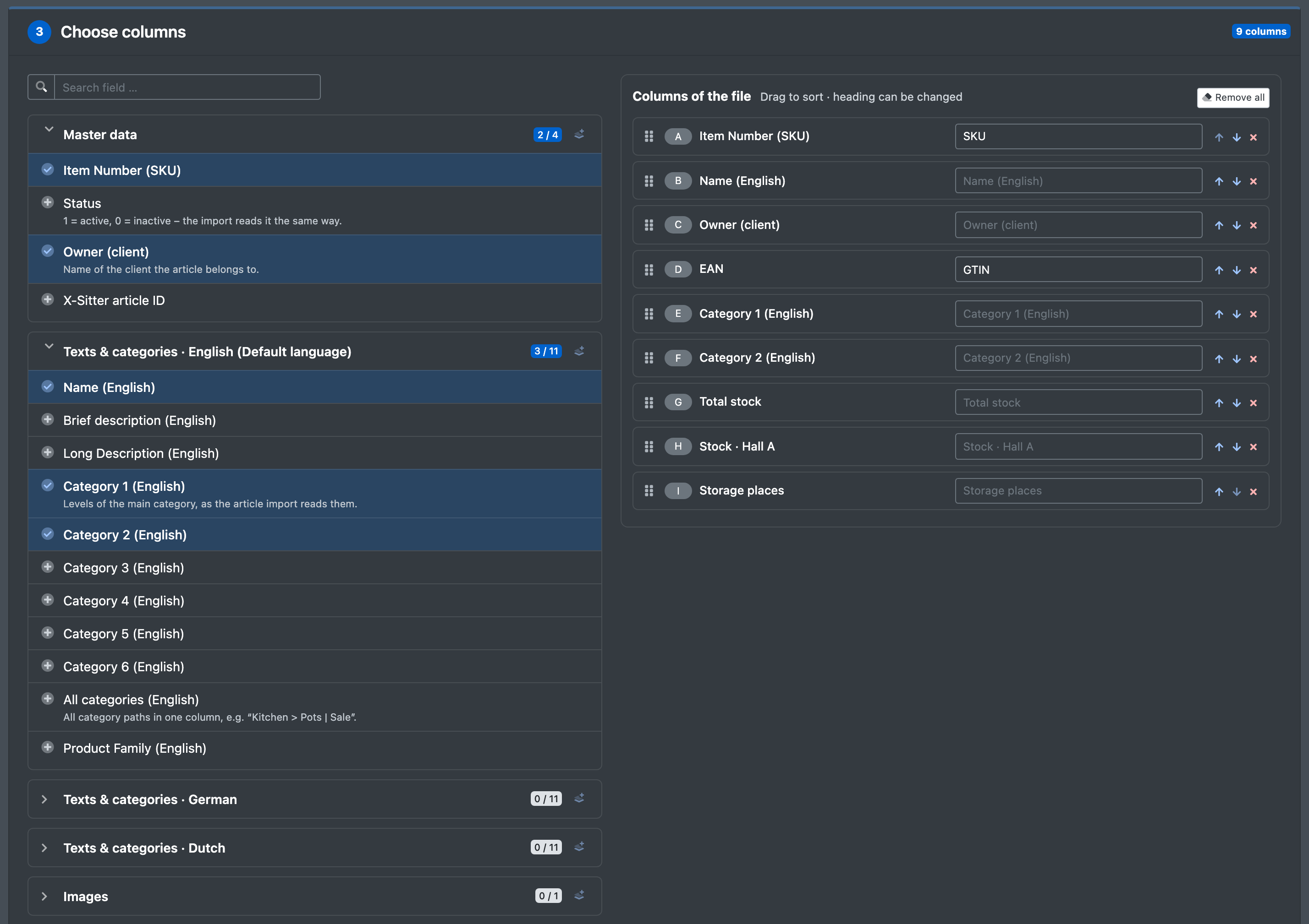 Screenshot: Step "3 · Choose columns" with the expanded sections "Master data" and "Texts & categories" on the left and the sortable list "Columns of the file" with own headings on the right
