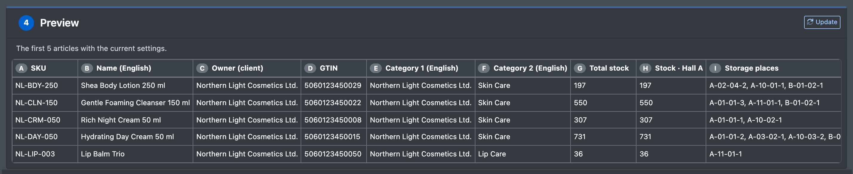 Screenshot: Step "4 · Preview" with the first five articles in the chosen columns