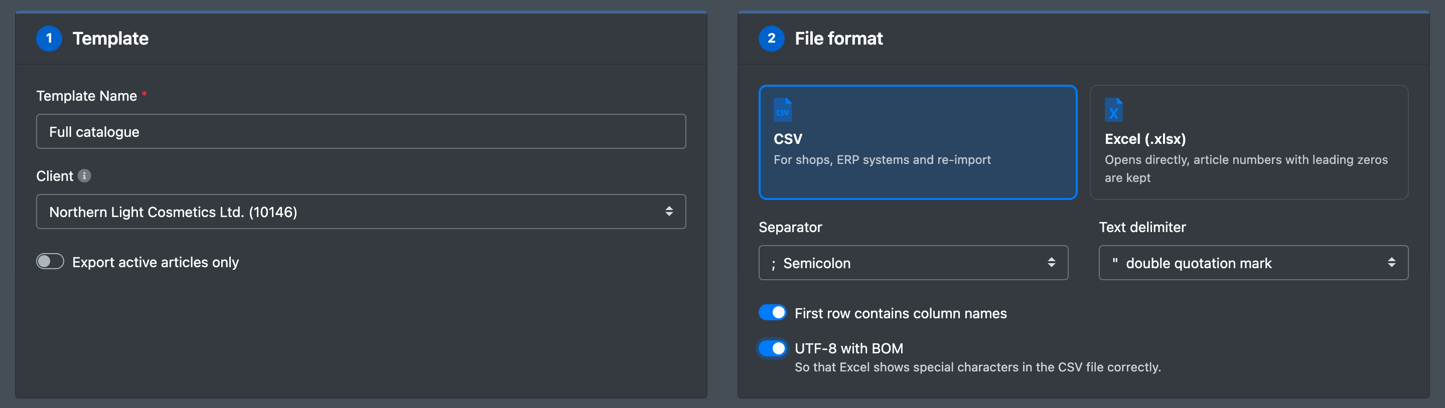 Screenshot: Steps "1 · Template" with name, client and "Export active articles only" and "2 · File format" with the cards CSV and Excel, separator, text delimiter and the switches for the first row and UTF-8 with BOM
