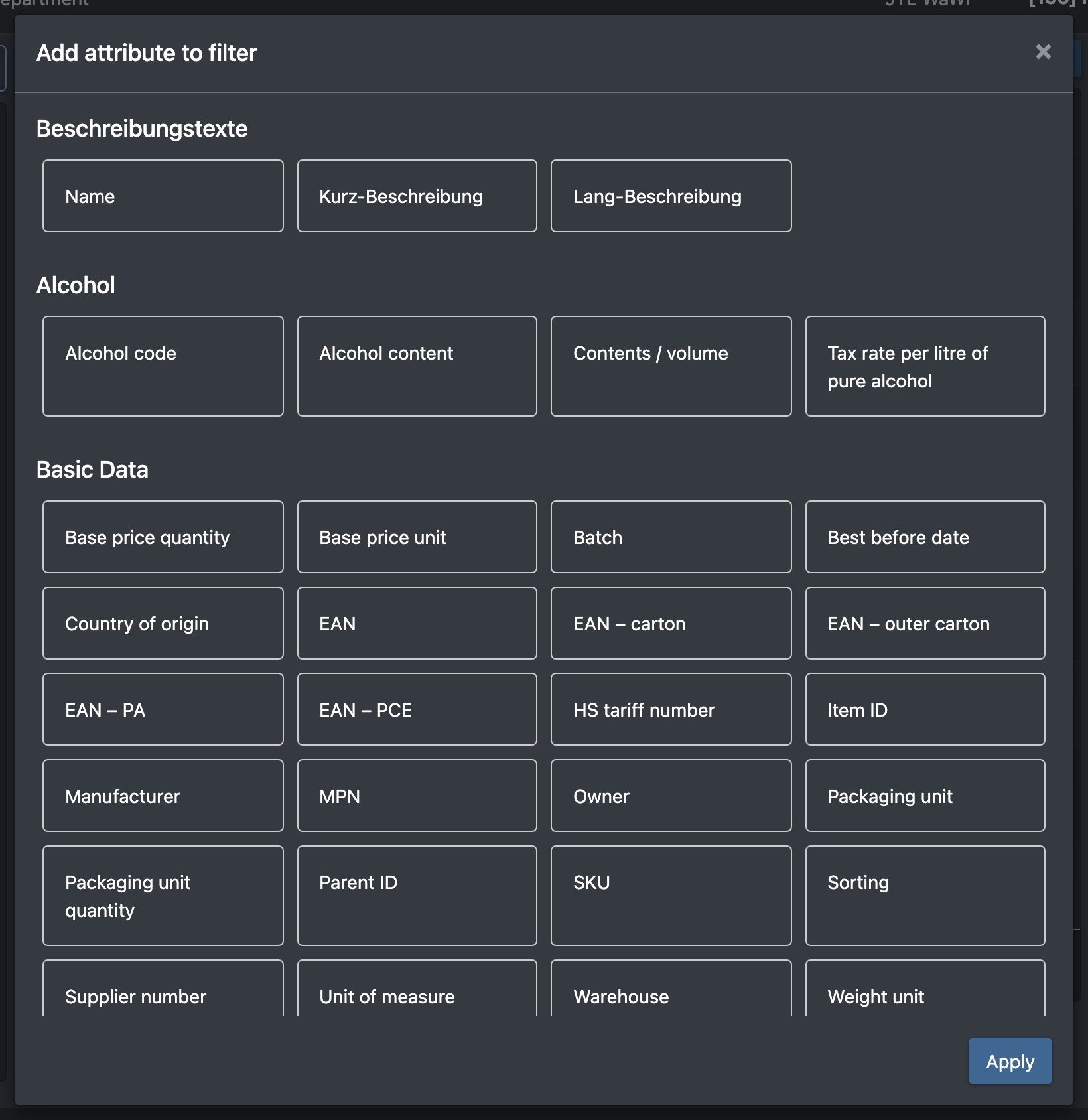 Screenshot: Dialog for adding an attribute filter with the "Apply" button