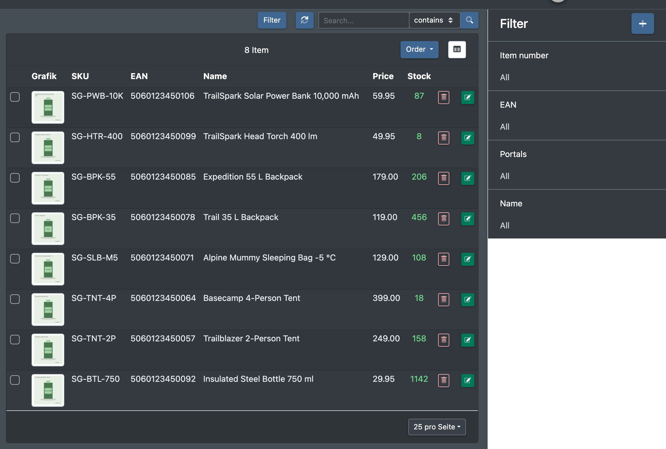 Screenshot: Article overview with the filter sidebar opened on the right