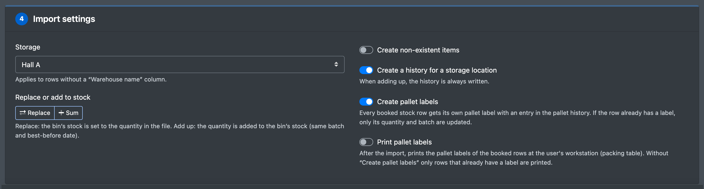 Screenshot: Step "4 · Import settings" for the type "Book in items" with warehouse, replace/sum and the pallet label switches