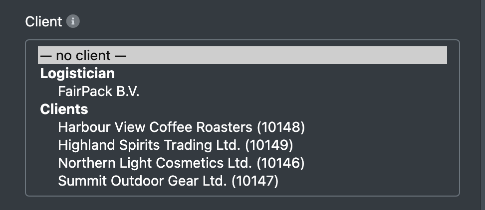 Screenshot: The opened client dropdown with "— no client —", the group "Logistician" with the own company and the group "Clients" with the active clients