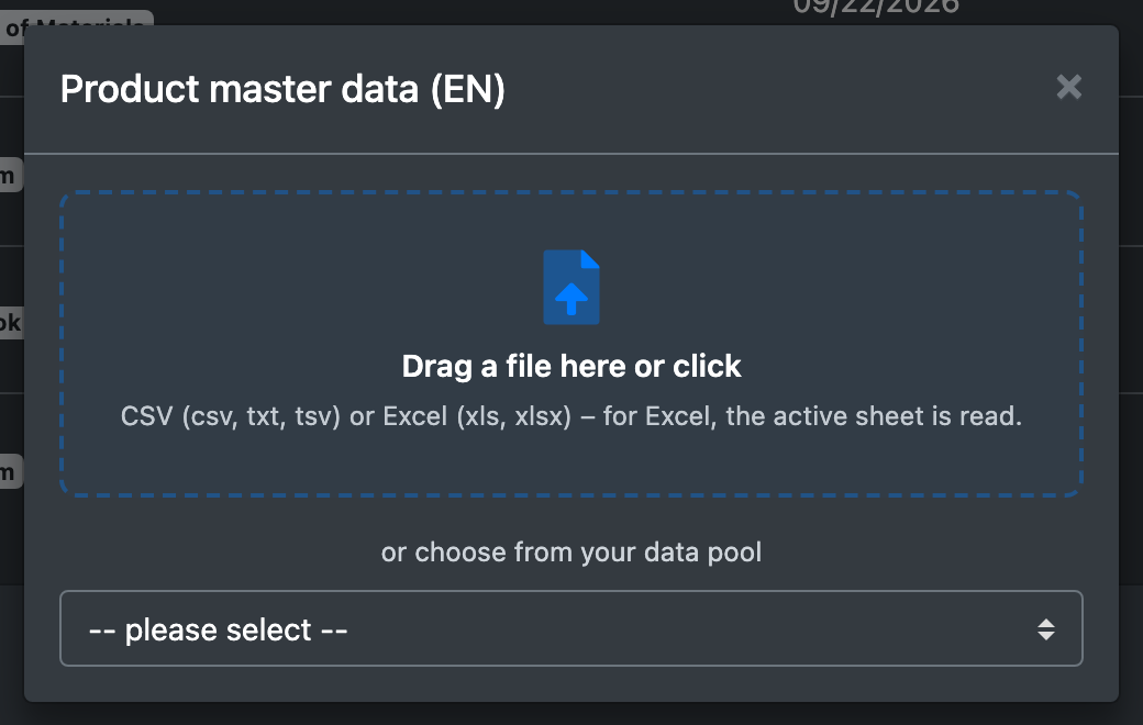 Screenshot: Import dialog with drag-and-drop area and the "choose from your data pool" list