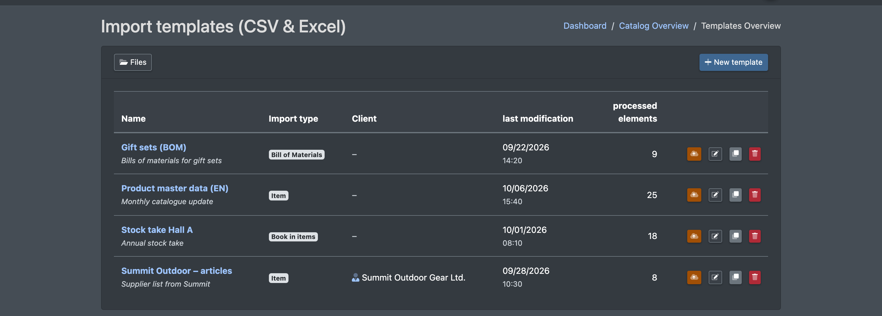 Screenshot: Overview "Import templates (CSV & Excel)" with several templates, the cloud icon to import a file and the "New template" button