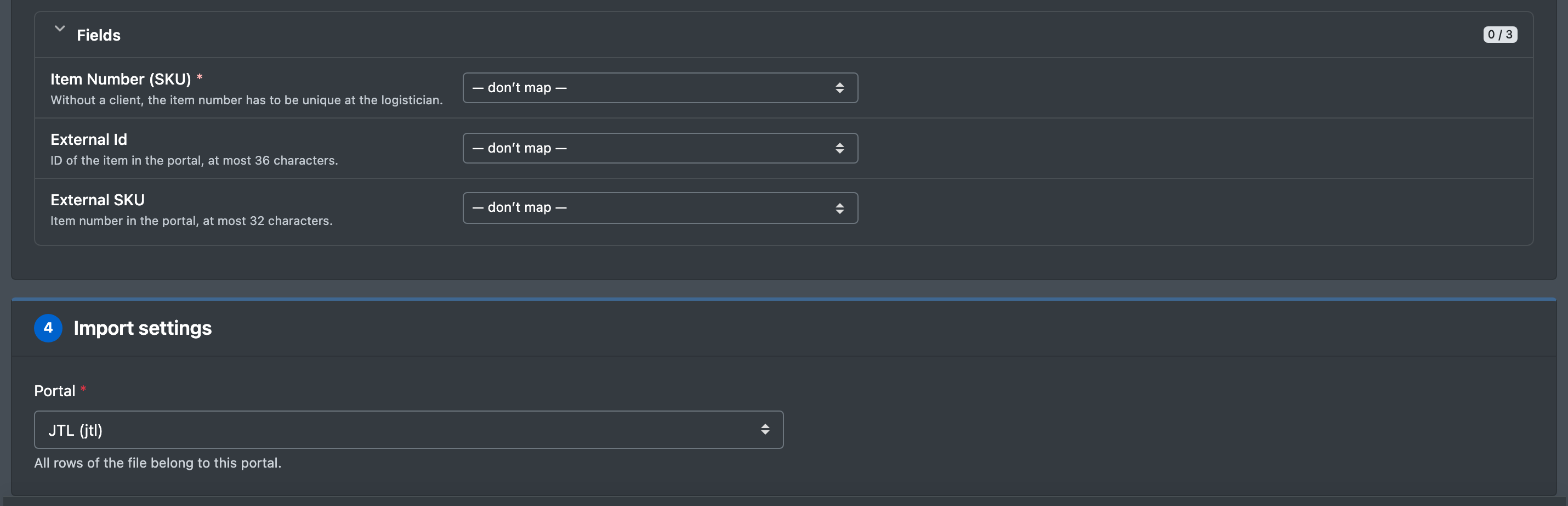 Screenshot: The fields "Item Number (SKU)", "External Id" and "External SKU" of the type "Portal Mapping" and step "4 · Import settings" with the portal dropdown and the note "All rows of the file belong to this portal."