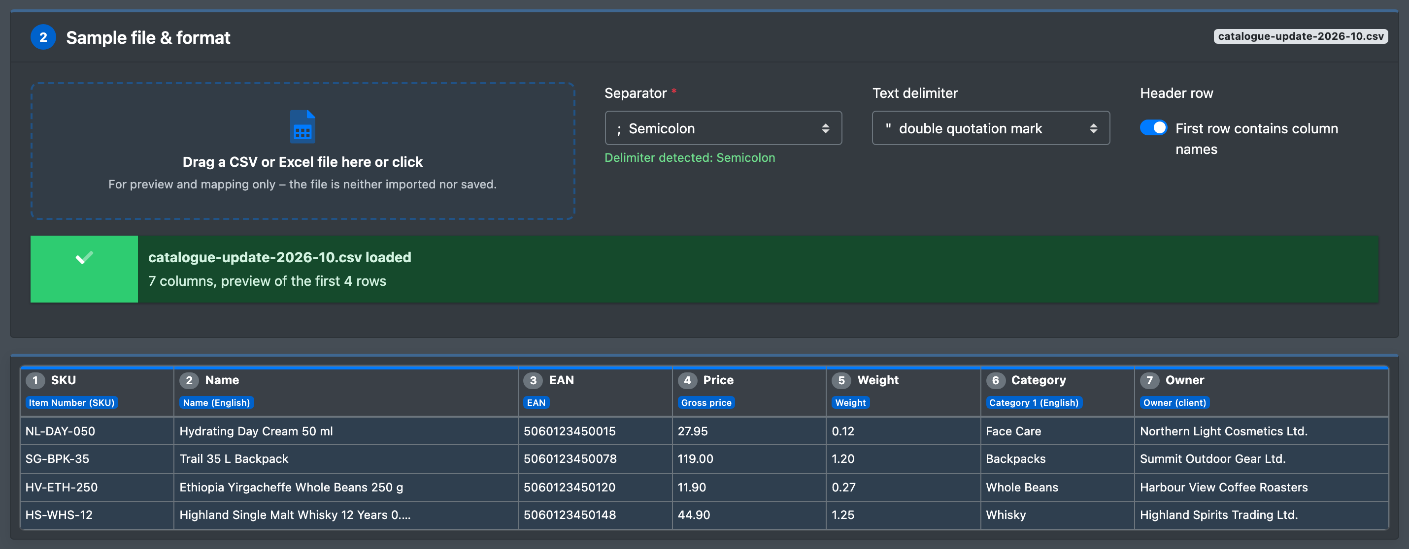Screenshot: Step "2 · Sample file & format" with a loaded file, detected separator and preview table with blue mapped columns