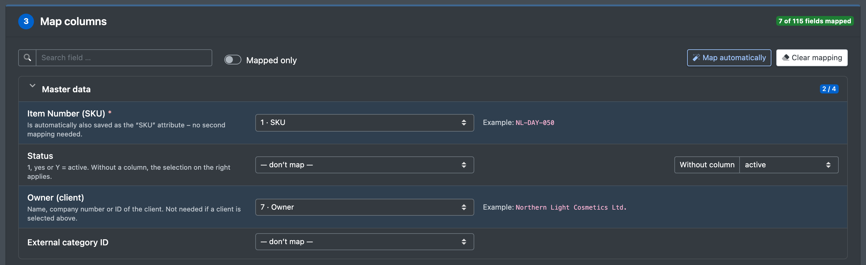 Screenshot: Step "3 · Map columns" with the expanded section "Stammdaten", example values and the buttons "Auto-assign", "Search field …", "Only mapped" and "Clear mapping"