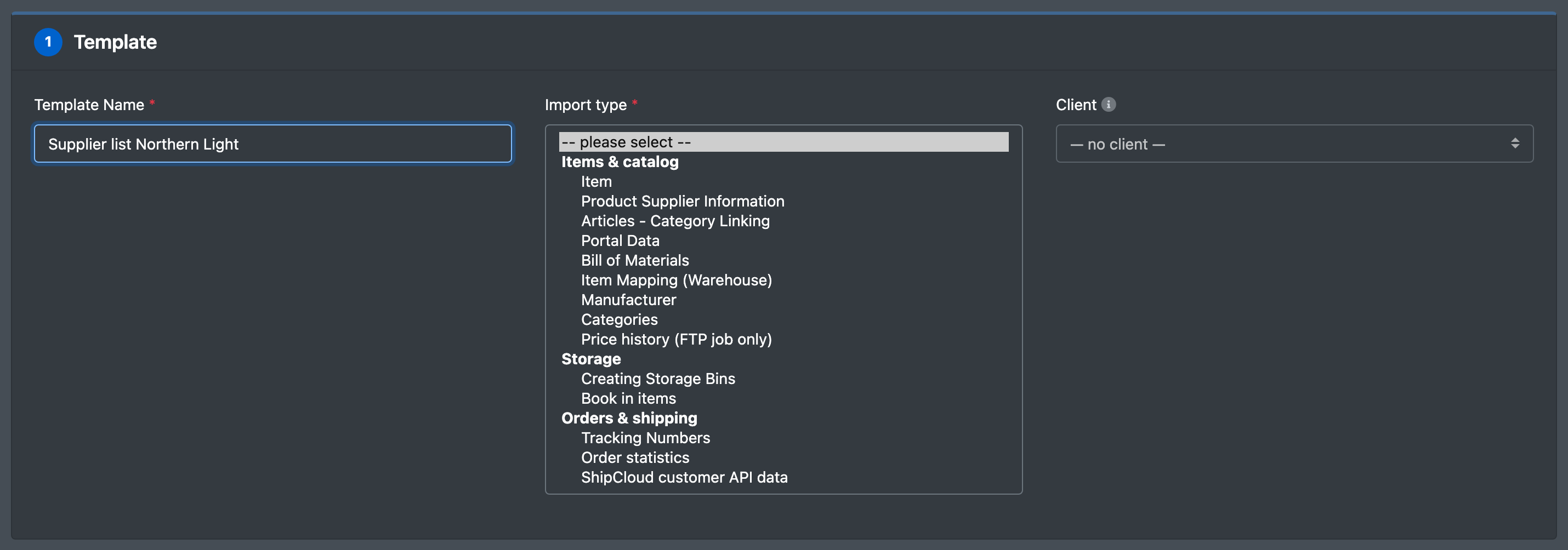 Screenshot: Step "1 · Template" with name, import type dropdown (groups visible) and client dropdown