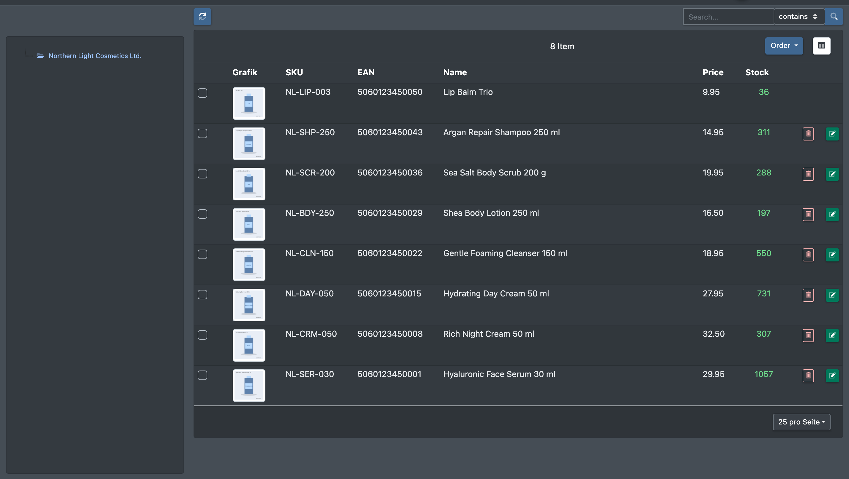 Screenshot: Article overview from a client's point of view, showing only the client's own articles