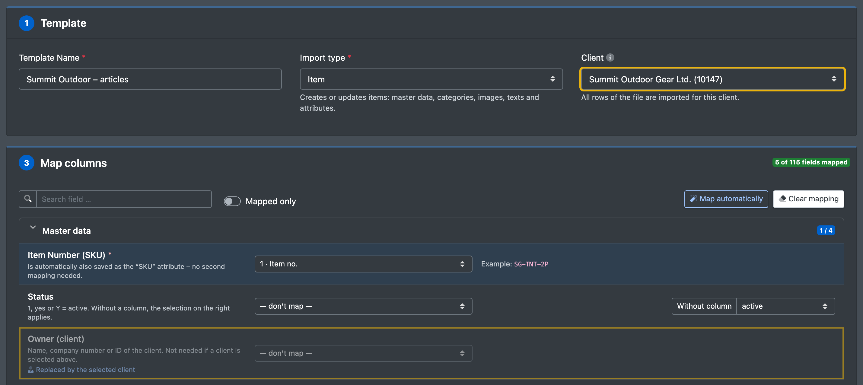 Screenshot: Import template with the "Client" dropdown and the field "Owner (client)" in the mapping