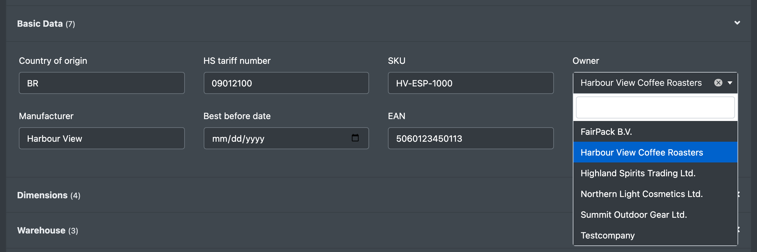 Screenshot: Attributes tab of an article with the "Owner" field opened