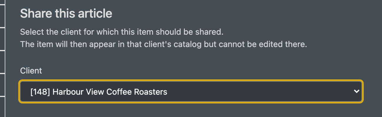 Screenshot: Permissions tab with a client selected and the "Share this article" button highlighted