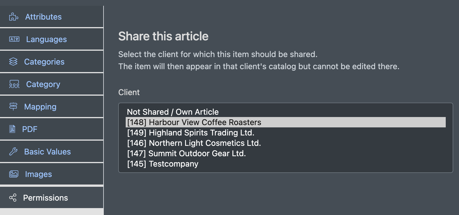 Screenshot: Article mask with the "Permissions" tab opened and the client dropdown visible