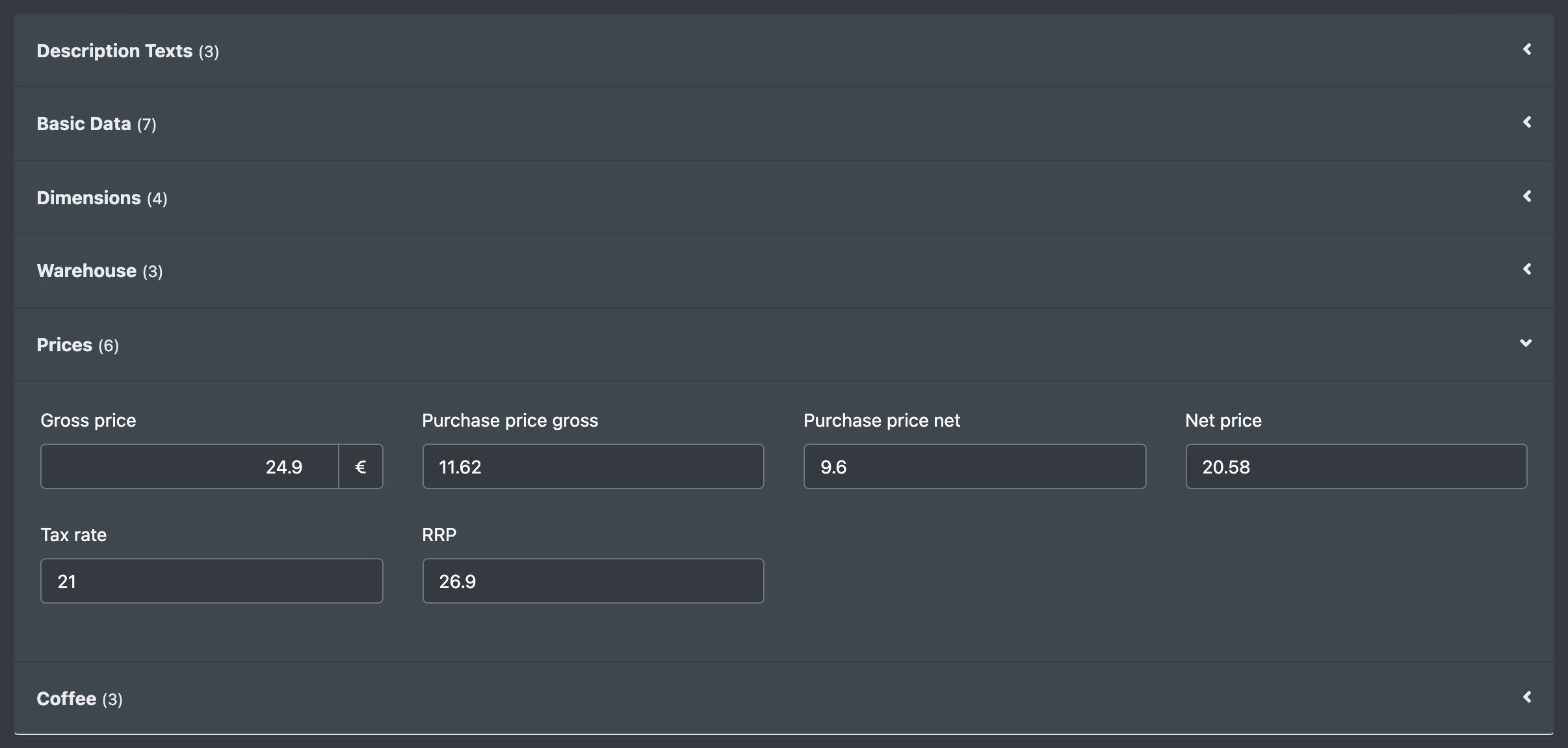 Screenshot: Attributes tab of an article with the attribute group "Prices" expanded
