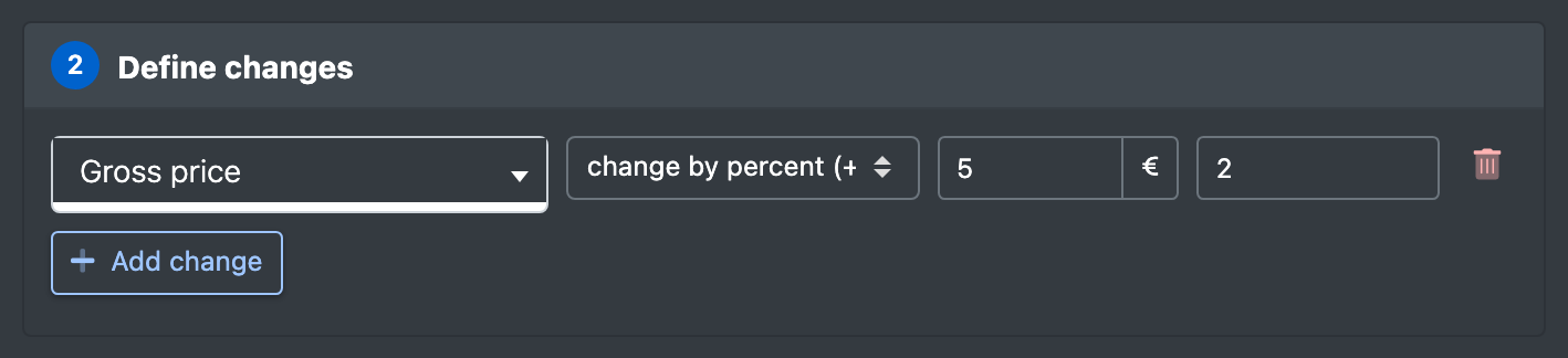 Screenshot: Bulk processing with a change "Brutto-Preis – change by percent (+ / - %) – 5"