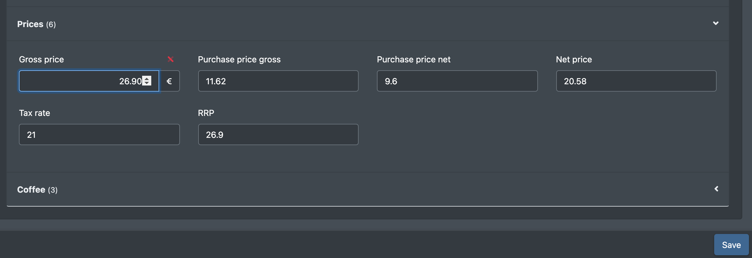 Screenshot: Price fields of an article being edited, with the Save button