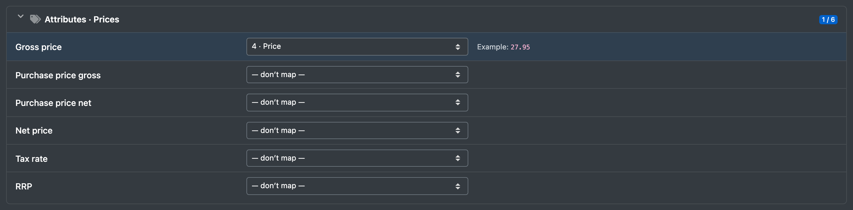 Screenshot: Import template mapping with price columns assigned to the fields of the group "Prices"