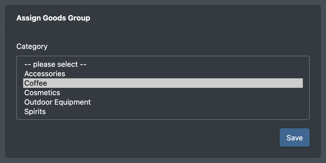 Screenshot: Product group tab of an article with the "Assign Goods Group" drop-down
