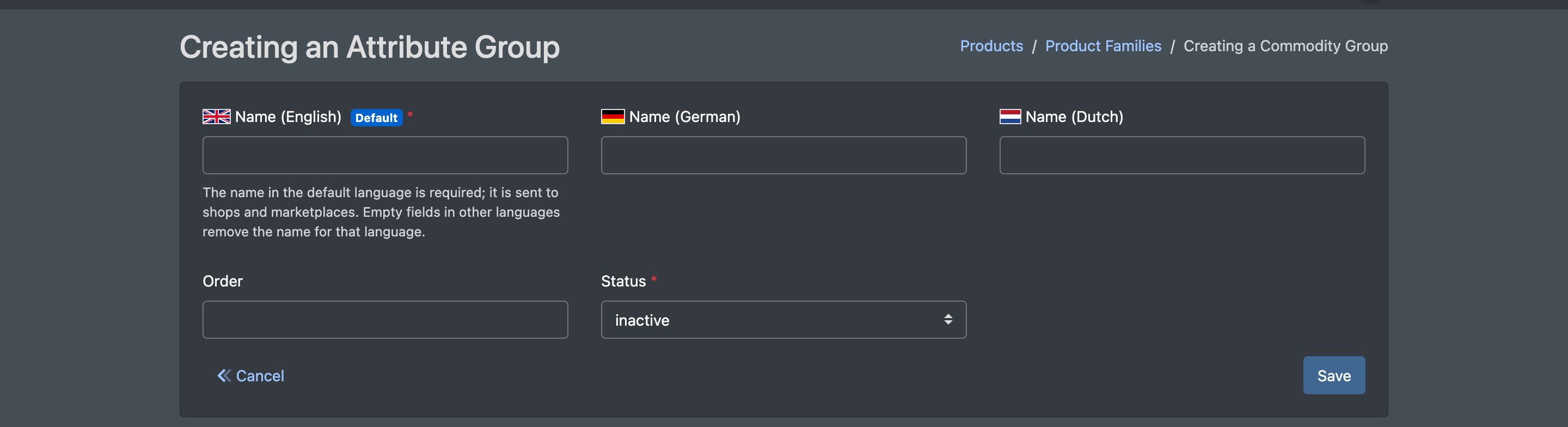 Screenshot: Form "Creating a Commodity Group" with Name, Order and Status