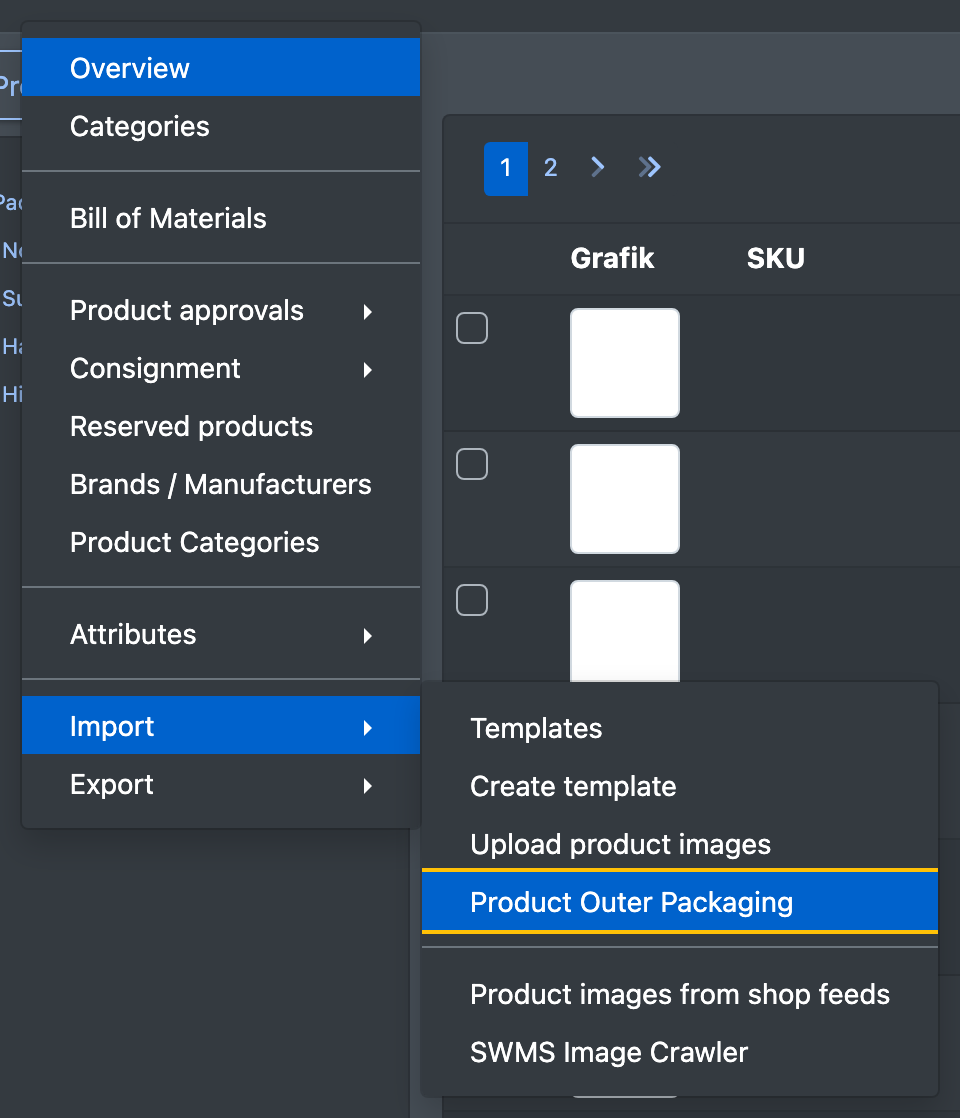 Screenshot: Import menu with the entry "Product Outer Packaging" highlighted