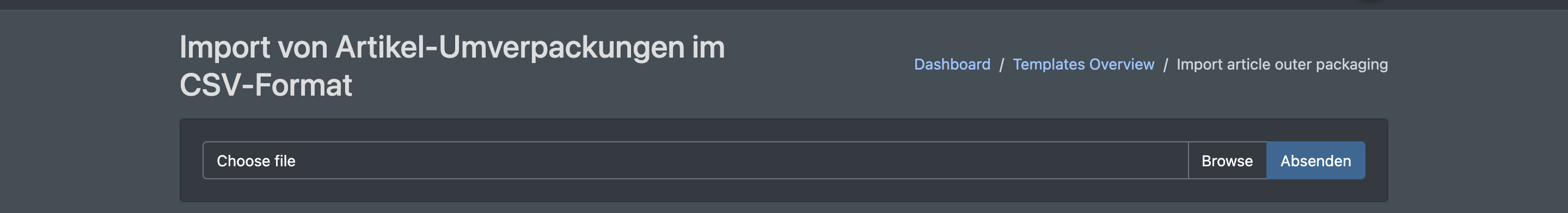 Screenshot: Page "Import article outer packaging" with the file field and the submit button