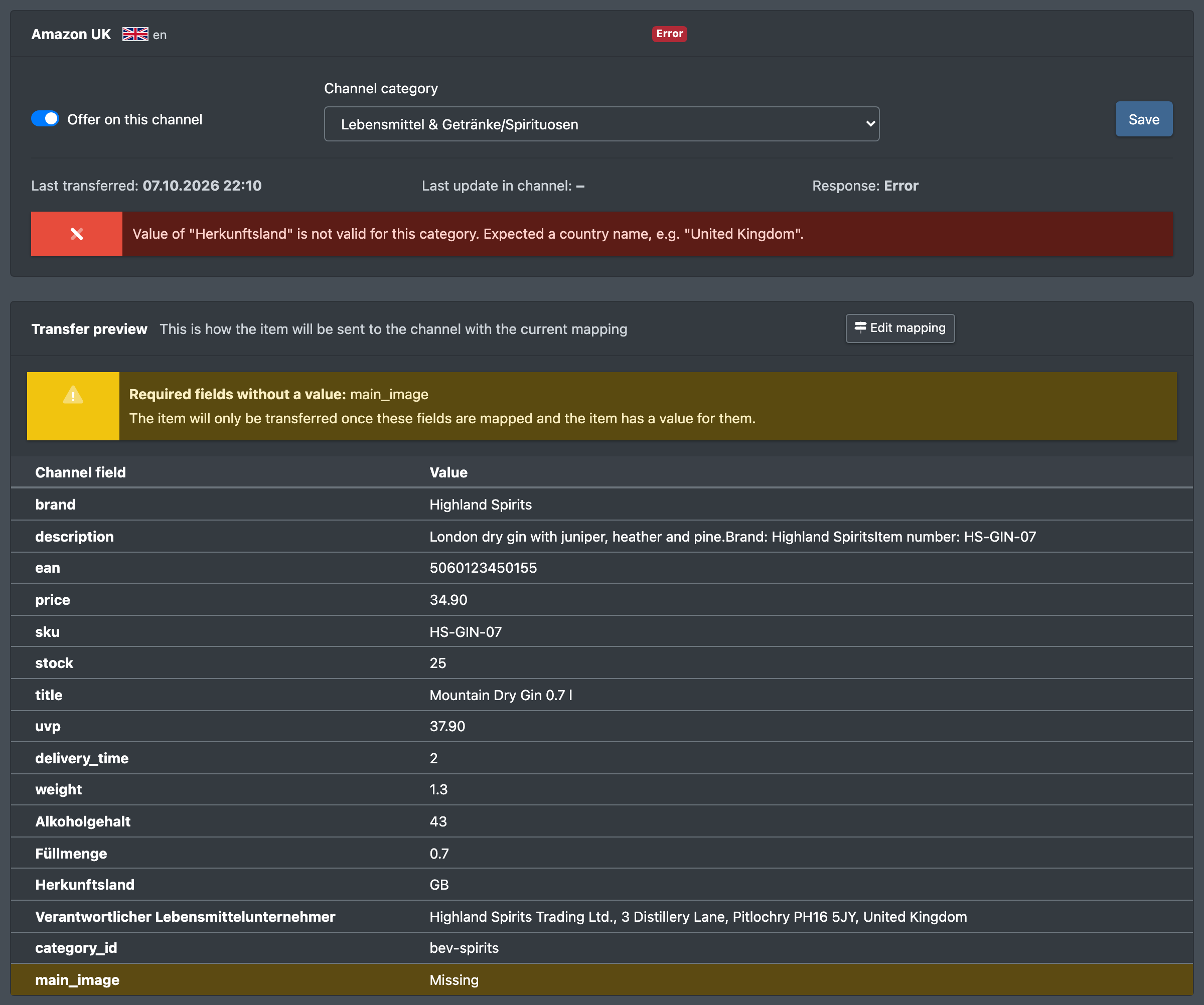Screenshot: Channel tab in the article mask with "Offer on this channel" switched on, the channel category, the status badge and the transfer preview with one missing required field