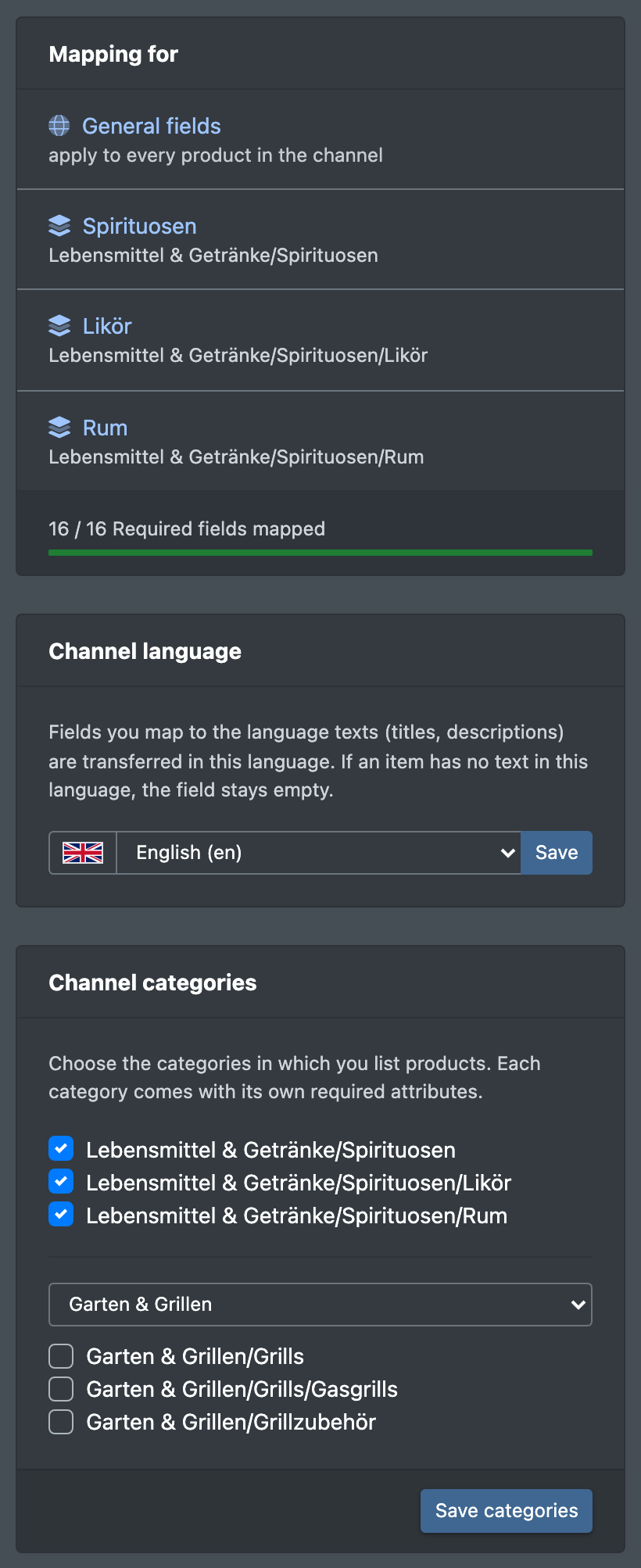 Screenshot: Left column of "Categories & mapping" with the boxes "Mapping for", "Channel language" and "Channel categories" with a main category selected