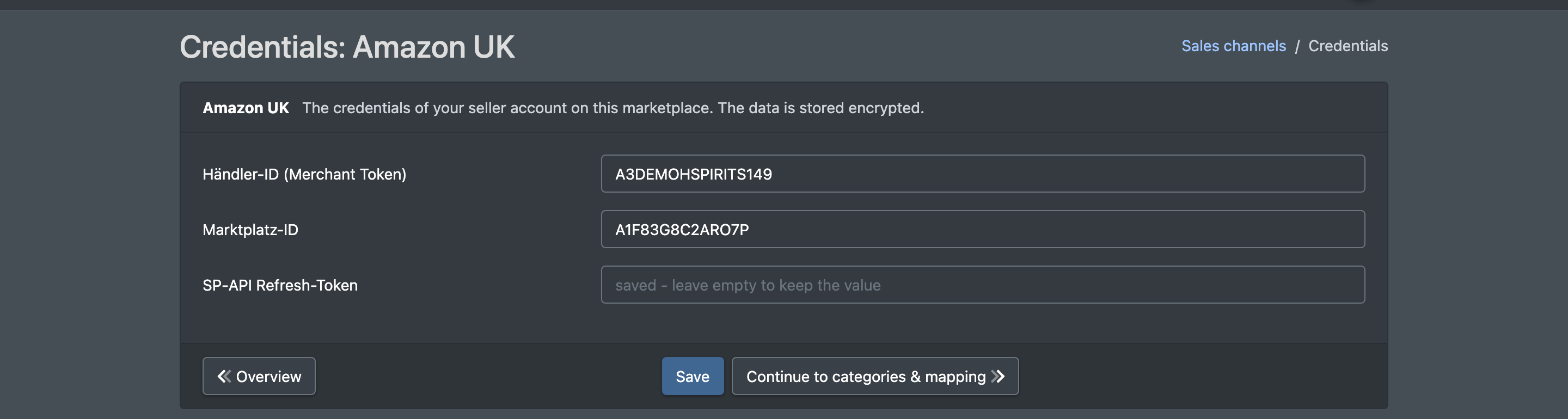 Screenshot: Credentials page of a channel with the fields of the merchant account and the "Continue to categories & mapping" button