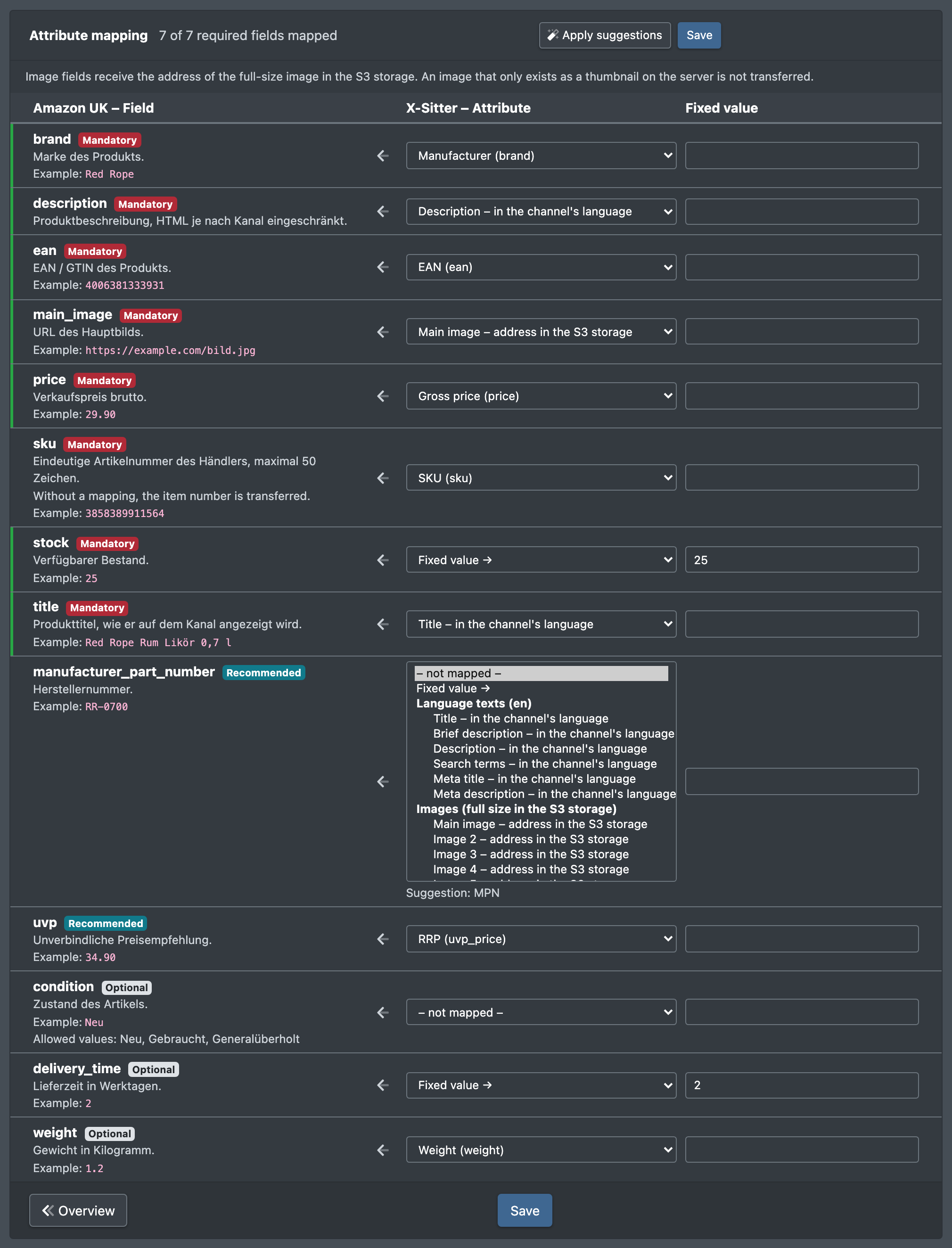 Screenshot: Attribute mapping table with channel fields, requirement badges, source dropdown opened (attribute groups, Fixed value, Language texts, Images) and the "Apply suggestions" button