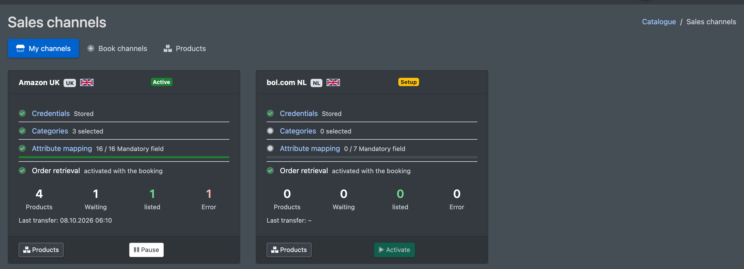 Screenshot: "My channels" page with two channel cards showing the setup checklist and the product counters