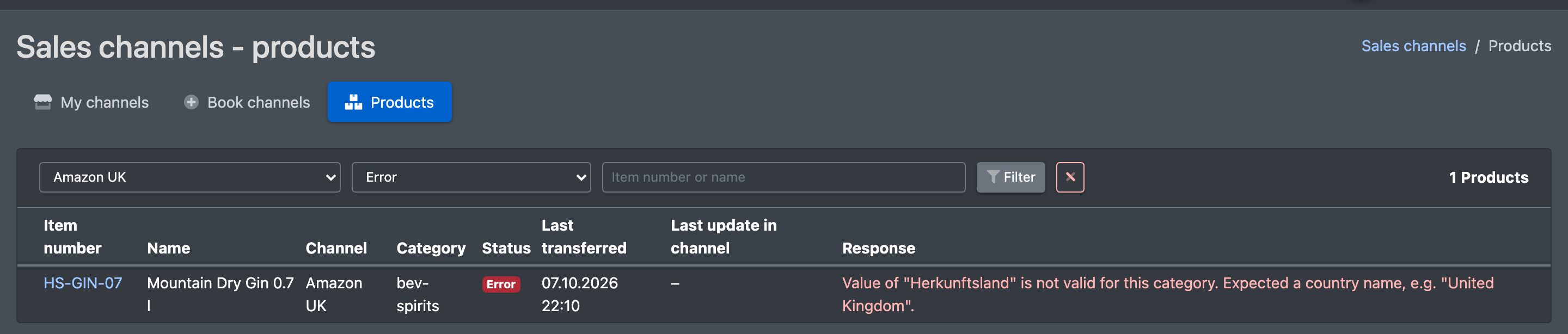 Screenshot: Page "Products" filtered by one channel and the status "Error", with the error text in the Response column