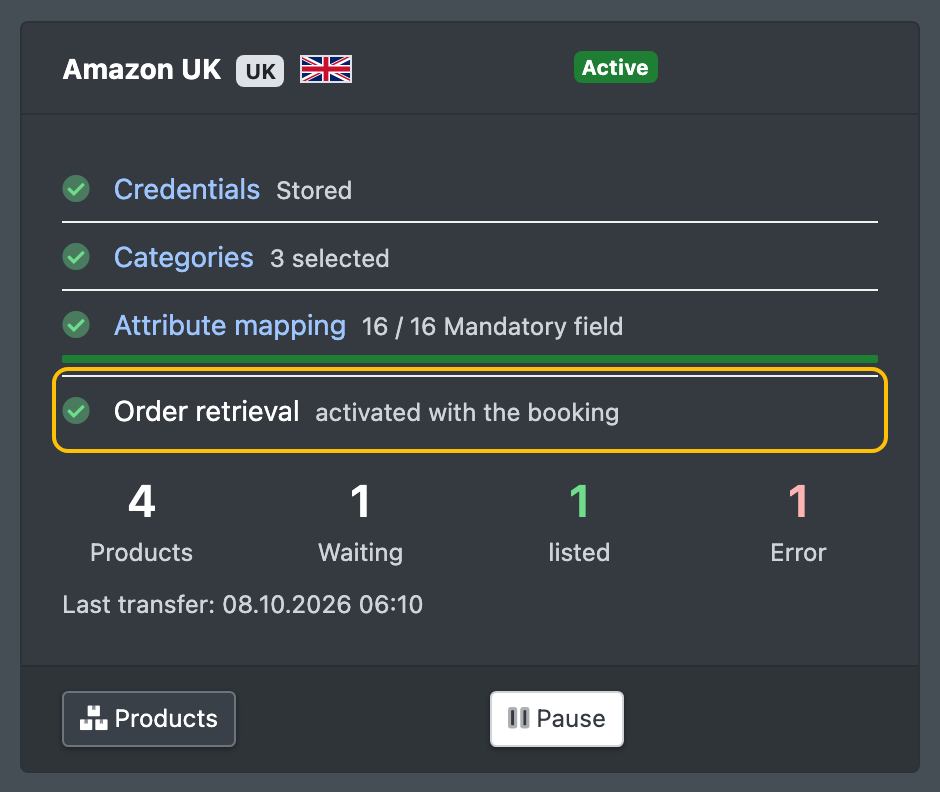 Screenshot: Channel card under "My channels" with the checklist item "Order retrieval – activated with the booking"