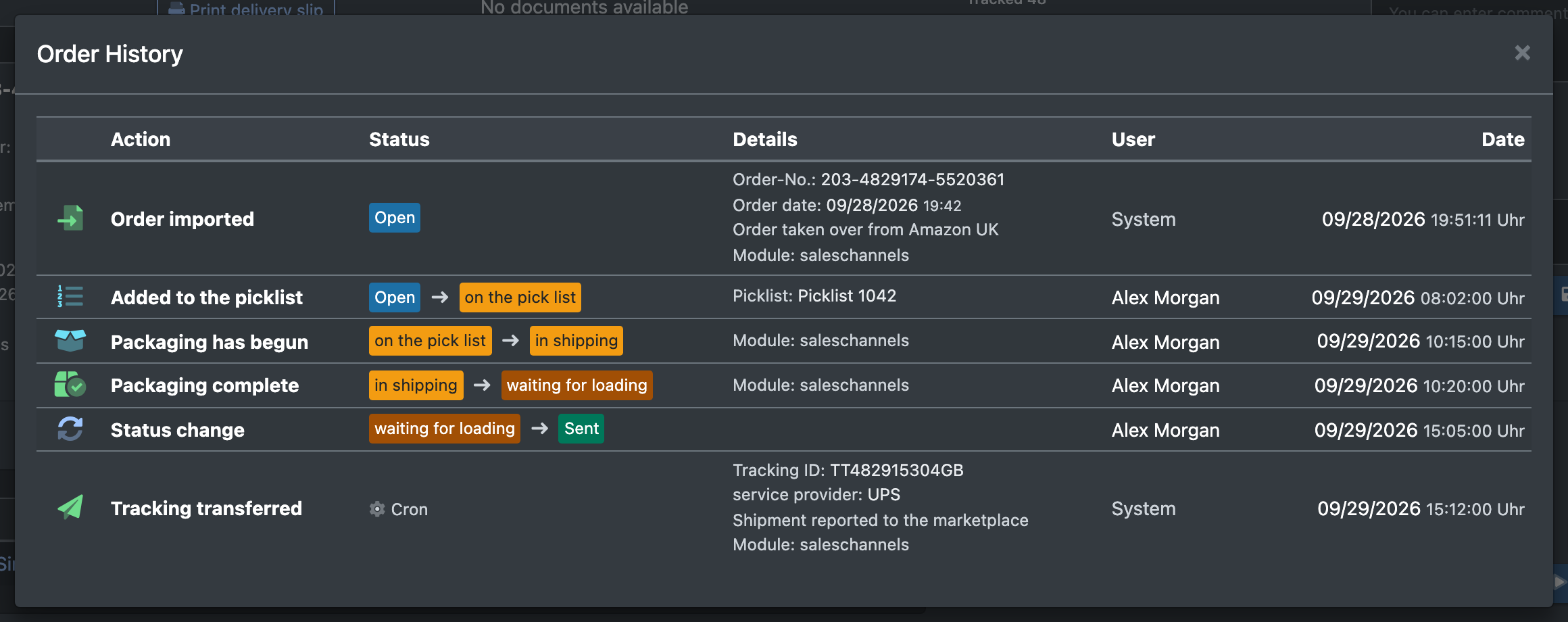 Screenshot: Order history of a marketplace order with the entry "Tracking übertragen"
