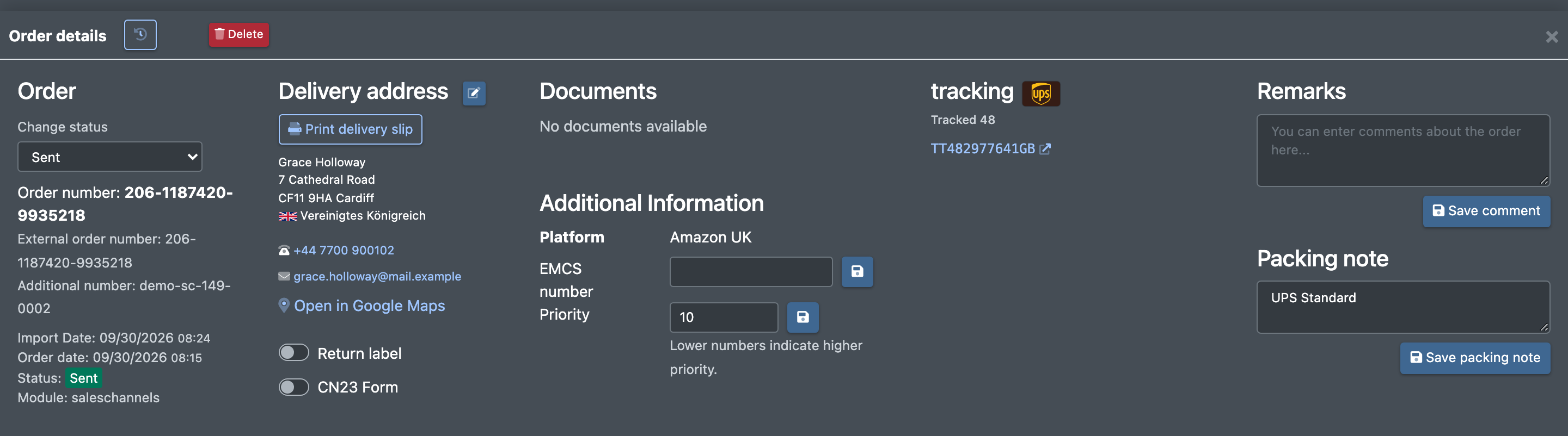 Screenshot: Order details of a marketplace order with the channel name as platform