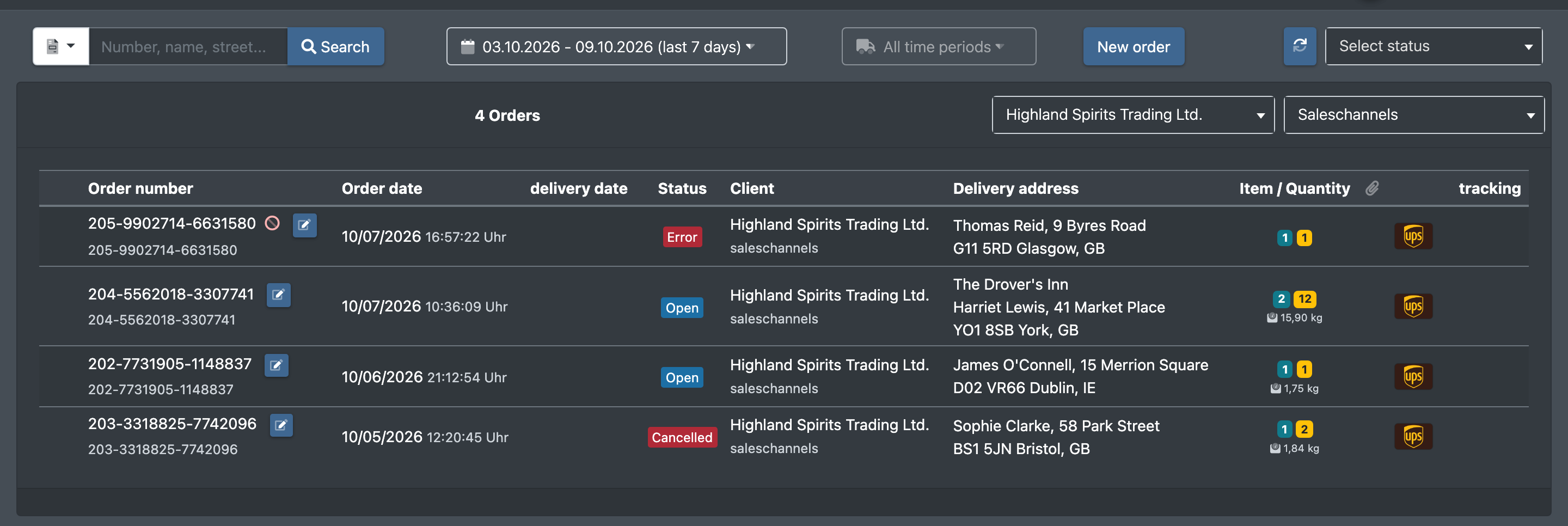 Screenshot: Order overview with several marketplace orders, the channel name visible in the platform column