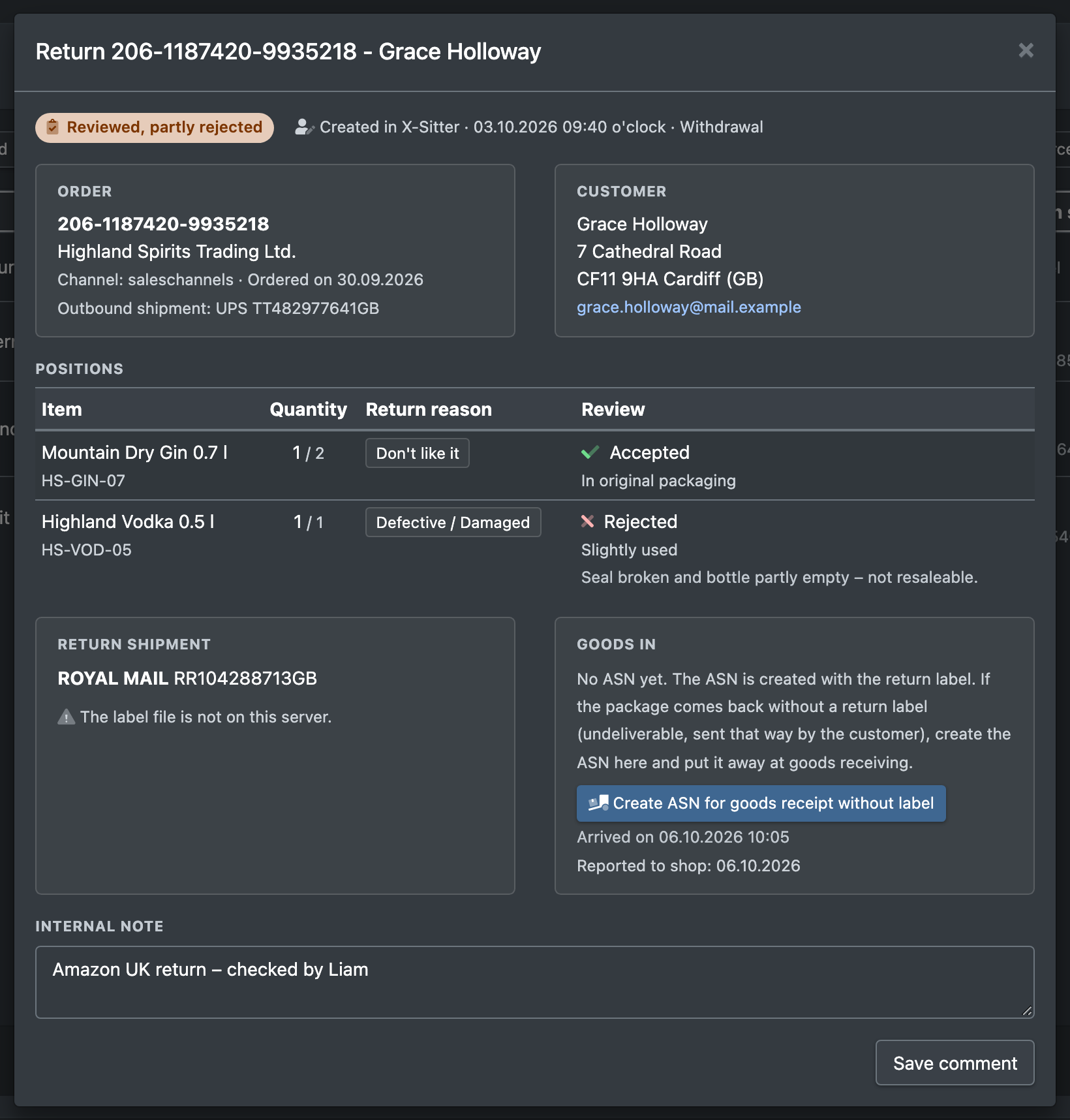 Screenshot: Return of a marketplace order, checked and closed, with accepted and rejected items